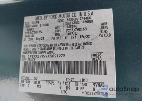 1999 Ford F-150 Lariat/Work Series/Xl/Xlt z USA, uszkodzony, nr VIN 1FTRX17W9XKB21272